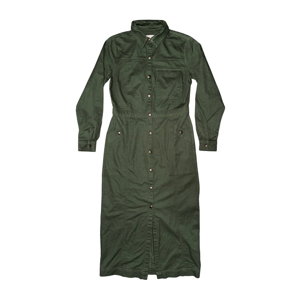 Loft Olive Green Utility Midi Shirt Dress Cotton Button Front Safari Minimalist
